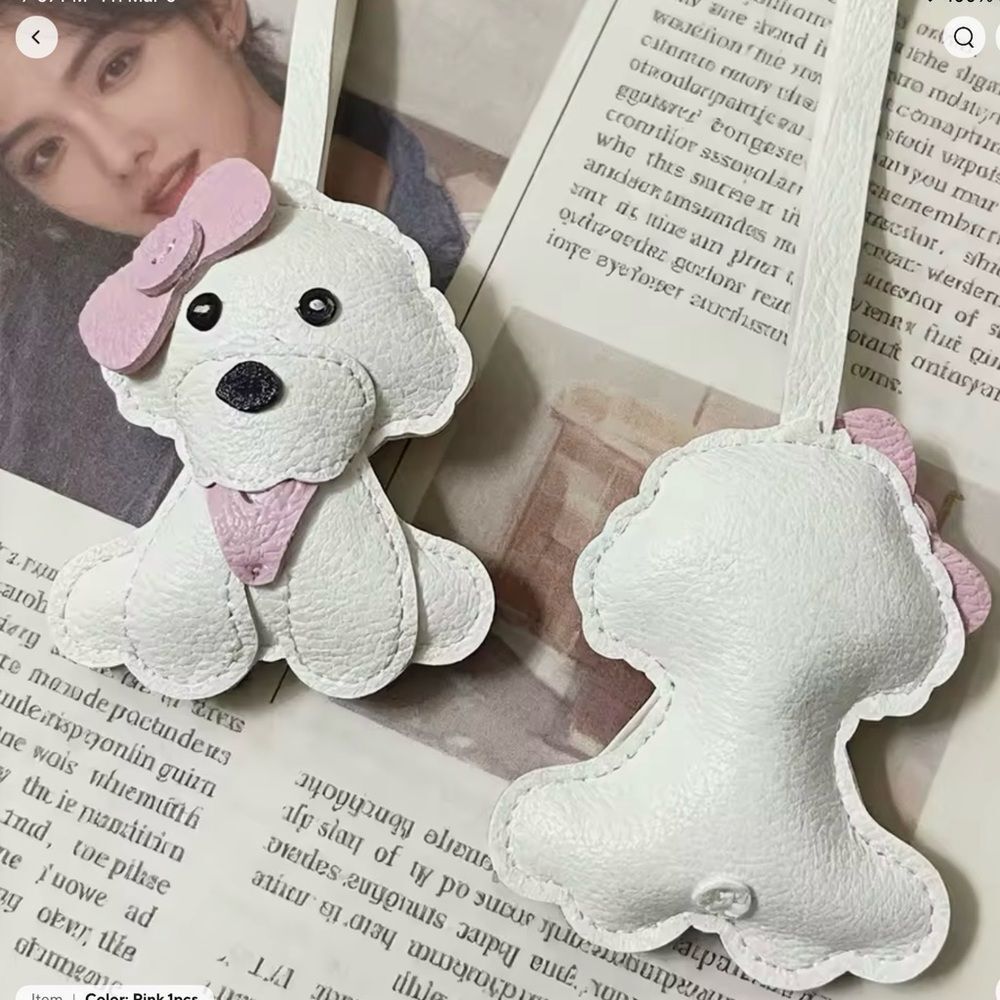 NWOT (1) Vegan Leather *Bichon Frise* Dog Bag Purse Loop Charm - White & Pink